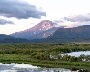 Preview wallpaper mountains, peak, landscape, valley, trees, clouds