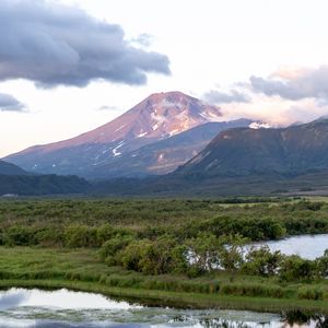 Preview wallpaper mountains, peak, landscape, valley, trees, clouds