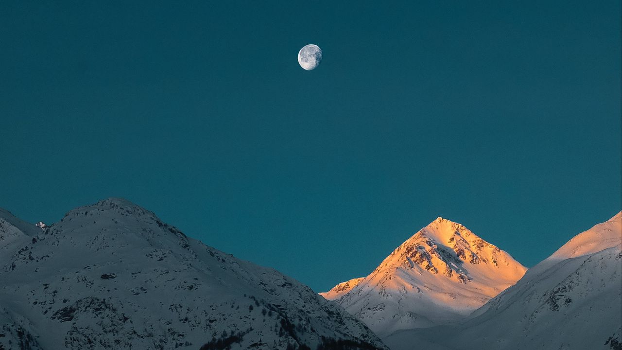 Wallpaper mountains, peak, moon, snowy, twilight