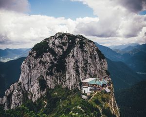 Preview wallpaper mountains, peak, mountain range, building, landscape, view