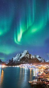 Preview wallpaper mountains, peak, northern lights, lake, lights