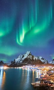 Preview wallpaper mountains, peak, northern lights, lake, lights