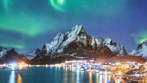 Preview wallpaper mountains, peak, northern lights, lake, lights