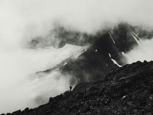 Preview wallpaper mountains, peak, silhouette, bw, loneliness