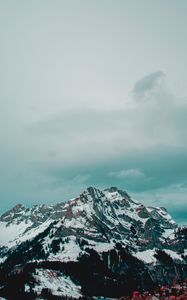 Preview wallpaper mountains, peak, snow, clouds, village