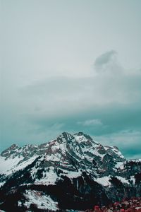Preview wallpaper mountains, peak, snow, clouds, village