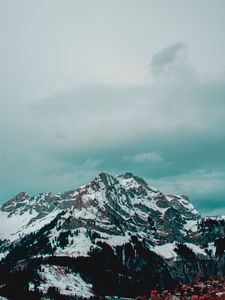 Preview wallpaper mountains, peak, snow, clouds, village