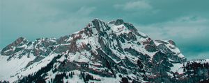 Preview wallpaper mountains, peak, snow, clouds, village