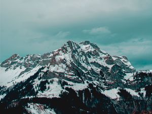 Preview wallpaper mountains, peak, snow, clouds, village