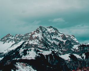 Preview wallpaper mountains, peak, snow, clouds, village