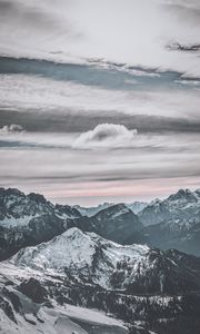 Preview wallpaper mountains, peak, snow, snowy, winter, sunset, sky, clouds