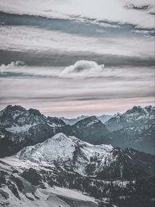 Preview wallpaper mountains, peak, snow, snowy, winter, sunset, sky, clouds