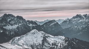 Preview wallpaper mountains, peak, snow, snowy, winter, sunset, sky, clouds