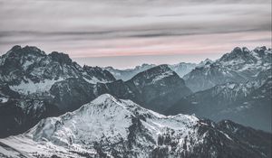 Preview wallpaper mountains, peak, snow, snowy, winter, sunset, sky, clouds