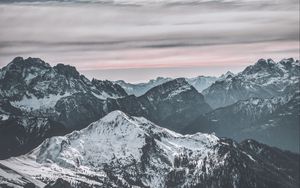 Preview wallpaper mountains, peak, snow, snowy, winter, sunset, sky, clouds