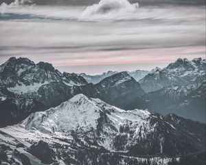 Preview wallpaper mountains, peak, snow, snowy, winter, sunset, sky, clouds