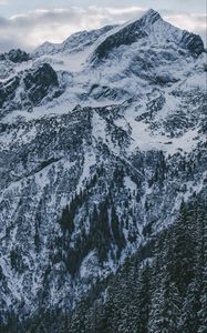 Preview wallpaper mountains, peak, snow, snowy, sky, clouds, trees