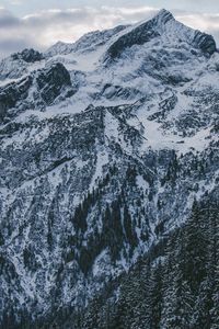 Preview wallpaper mountains, peak, snow, snowy, sky, clouds, trees