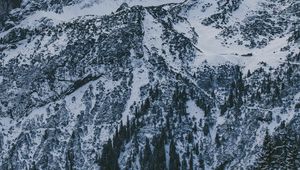 Preview wallpaper mountains, peak, snow, snowy, sky, clouds, trees