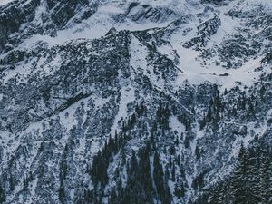 Preview wallpaper mountains, peak, snow, snowy, sky, clouds, trees