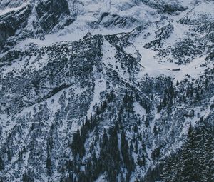 Preview wallpaper mountains, peak, snow, snowy, sky, clouds, trees