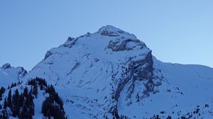 Preview wallpaper mountains, peak, snow, snowy, trees