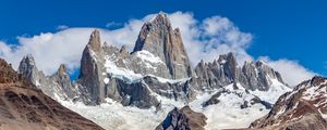 Preview wallpaper mountains, peak, snow, clouds, nature, landscape