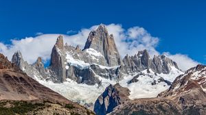 Preview wallpaper mountains, peak, snow, clouds, nature, landscape