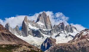 Preview wallpaper mountains, peak, snow, clouds, nature, landscape