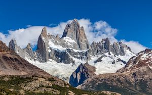 Preview wallpaper mountains, peak, snow, clouds, nature, landscape