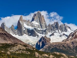 Preview wallpaper mountains, peak, snow, clouds, nature, landscape