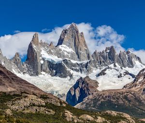 Preview wallpaper mountains, peak, snow, clouds, nature, landscape