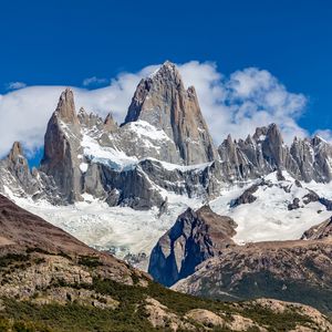 Preview wallpaper mountains, peak, snow, clouds, nature, landscape