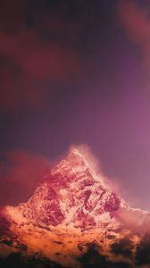 Preview wallpaper mountains, peak, snowy, fog, pink