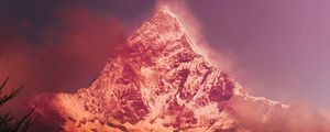 Preview wallpaper mountains, peak, snowy, fog, pink