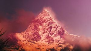 Preview wallpaper mountains, peak, snowy, fog, pink