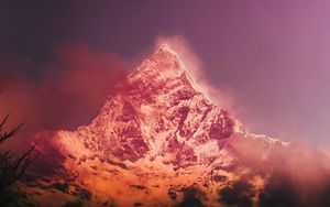 Preview wallpaper mountains, peak, snowy, fog, pink