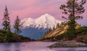 Preview wallpaper mountains, peak, tree, lake, nature