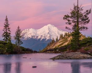 Preview wallpaper mountains, peak, tree, lake, nature