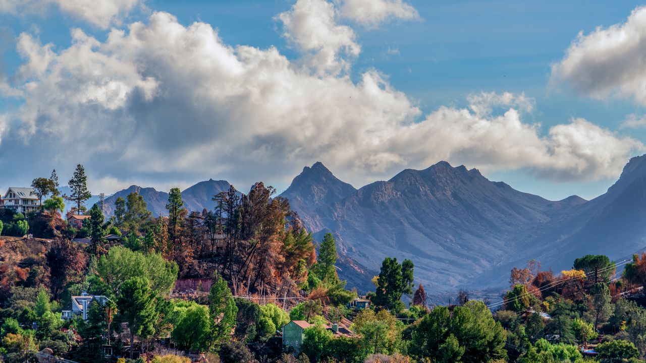 Wallpaper mountains, peak, trees, clouds, sky