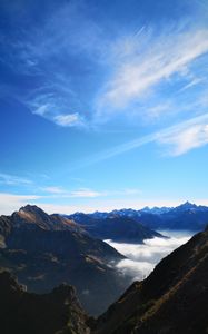 Preview wallpaper mountains, peaks, aerial view, fog, clouds, alps