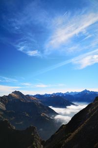 Preview wallpaper mountains, peaks, aerial view, fog, clouds, alps