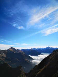 Preview wallpaper mountains, peaks, aerial view, fog, clouds, alps