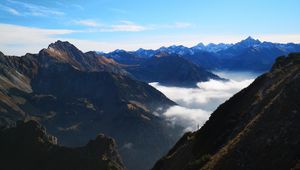 Preview wallpaper mountains, peaks, aerial view, fog, clouds, alps