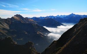 Preview wallpaper mountains, peaks, aerial view, fog, clouds, alps