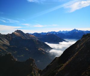 Preview wallpaper mountains, peaks, aerial view, fog, clouds, alps