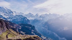 Preview wallpaper mountains, peaks, aerial view, sky, snow, switzerland