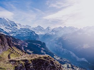 Preview wallpaper mountains, peaks, aerial view, sky, snow, switzerland