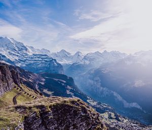 Preview wallpaper mountains, peaks, aerial view, sky, snow, switzerland