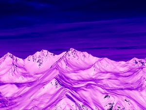 Preview wallpaper mountains, peaks, aerial view, purple, snow, dusk